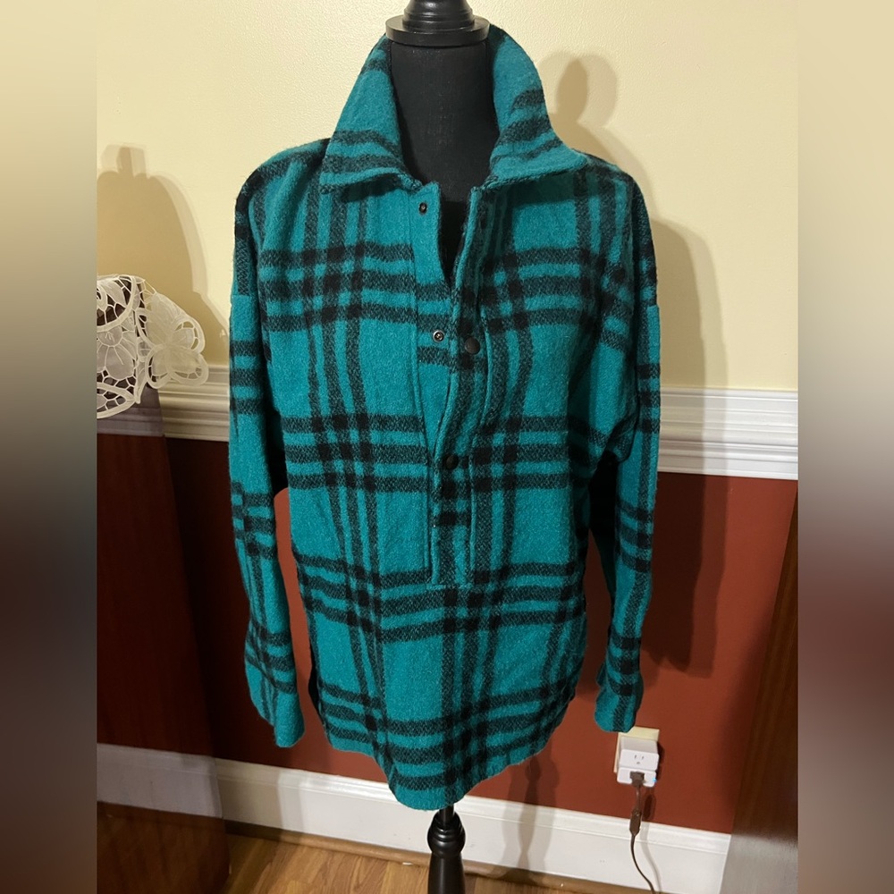 VTG Woolrich Teal Green Plaid Pullover Collared Flannel Sweater